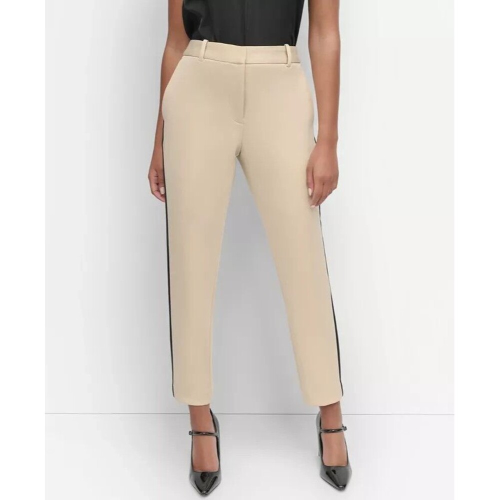 DKNY Women's Soft Hand Scuba Ankle Dressy Pants Sides Stripes Beige Black Size 0 - Picture 1 of 11